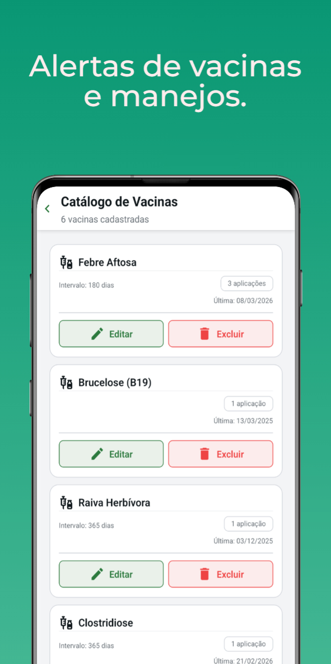 Tela de controle de vacinação do Meus Gados